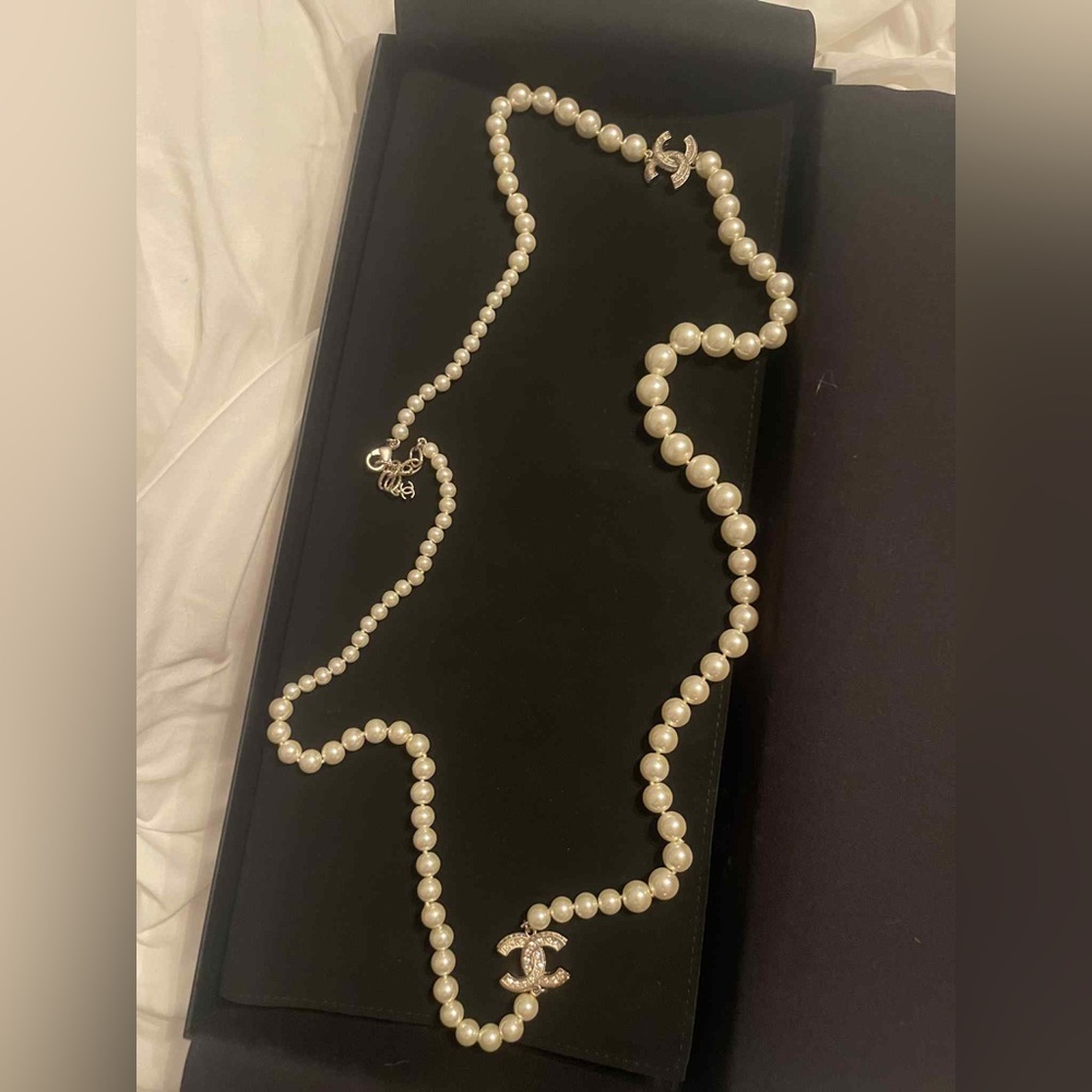 Chanel Pearl Necklace with Gold Logo Charms